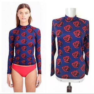 J.Crew Rash Guard Swim Shirt Womens Medium Blue Rose Floral Zip Long Sleeve